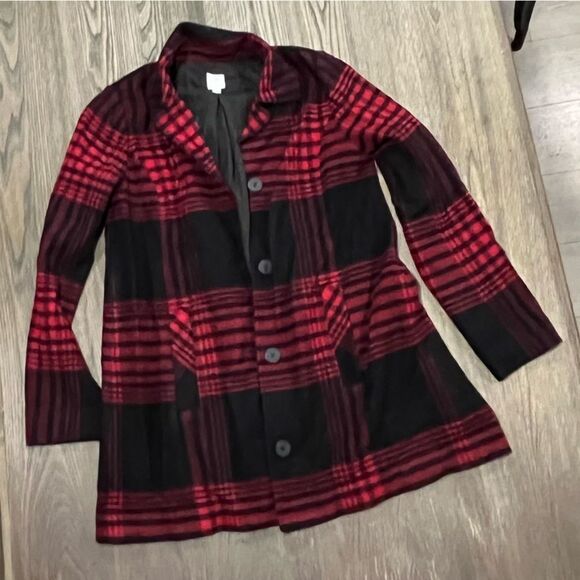 J. Jill Jackets & Blazers - J. Jill Womens Peacoat Jacket Plaid Button Front Wool Collared Red/Black Size XS